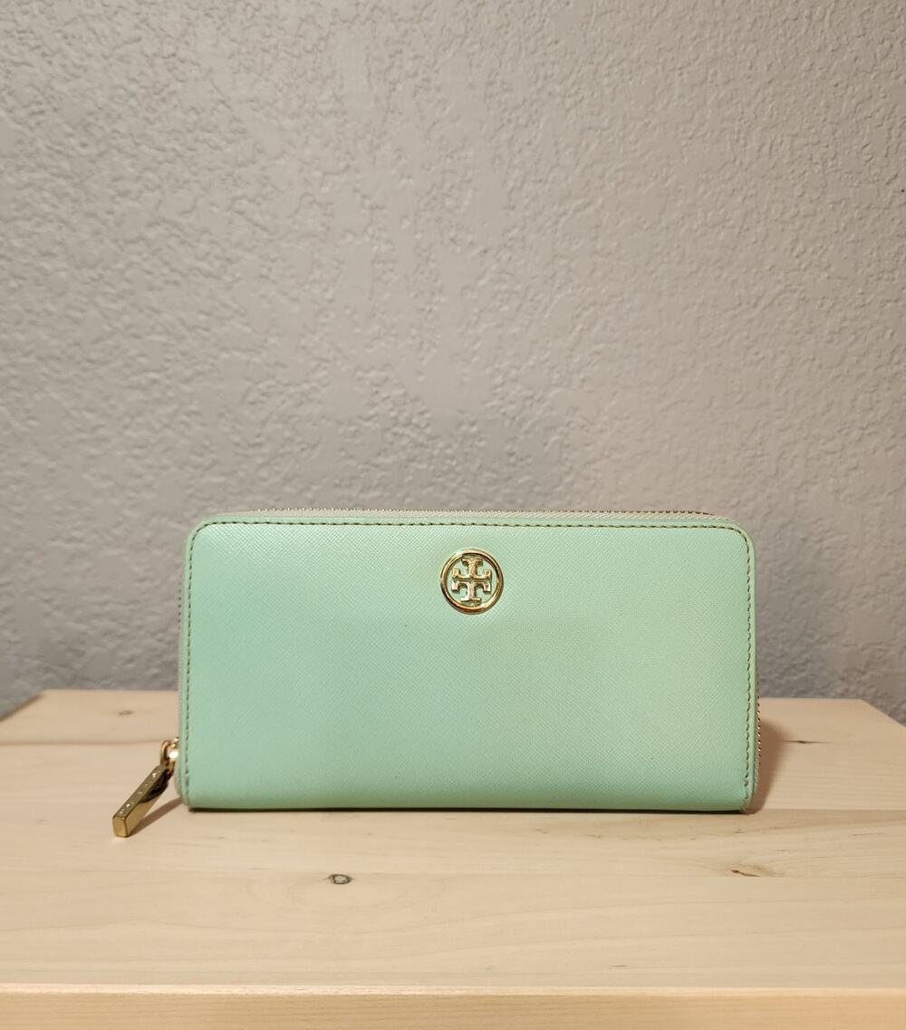 Tory Burch Robinson Mint Green Zip Around Wallet Gold Hardware